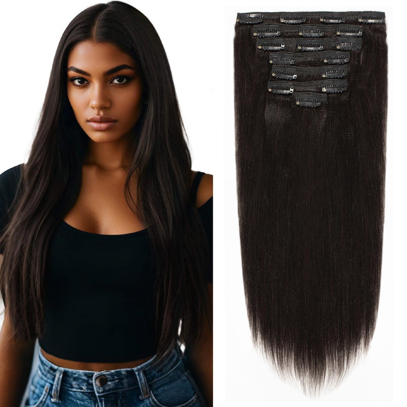Lacer Yaki Straight Clip in Hair Extensions, Remy Human Hair Natural Black Thick Yaki Clip in Hair Extensions Human Hair for African American Woman Relaxed Hair 7 Pieces 120 Gram Per Set 18 inch - Image 1
